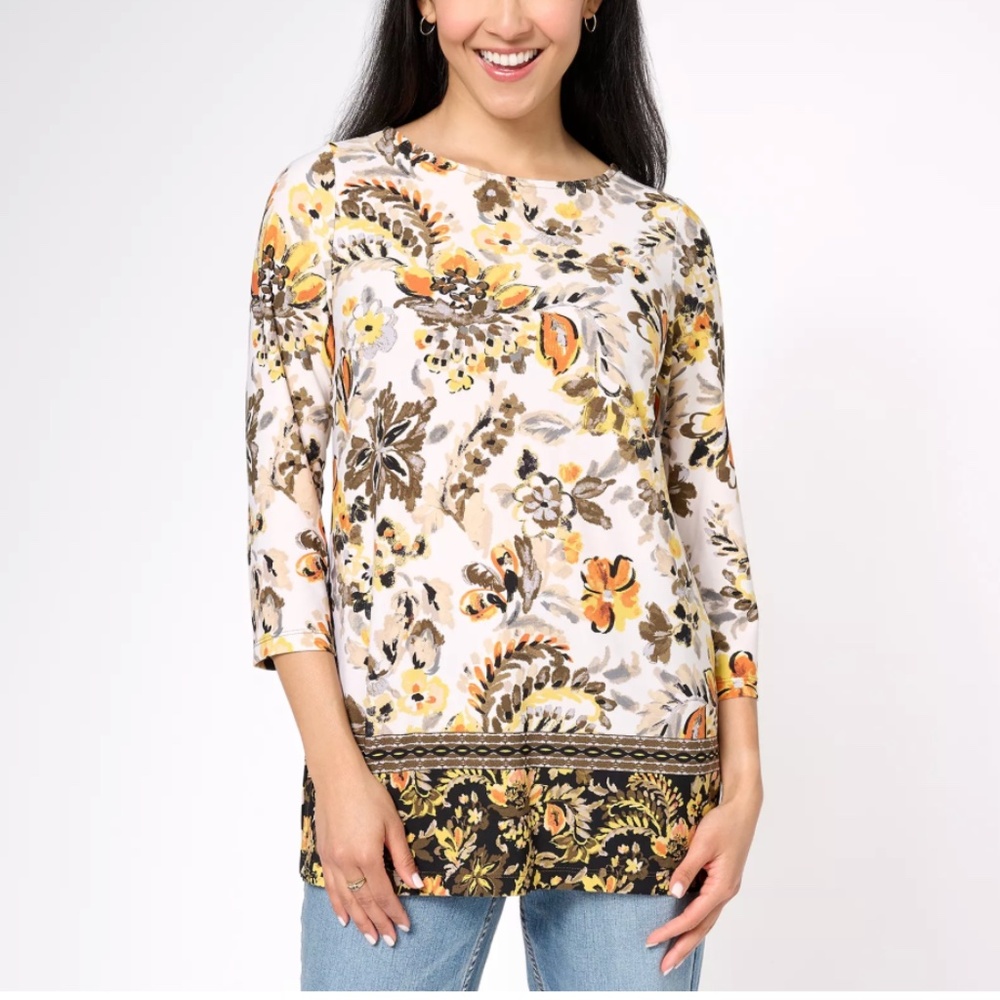 Susan Graver Floral Print Liquid Knit 3/4 Sleeve Bateau Neck Tunic 1X Casual